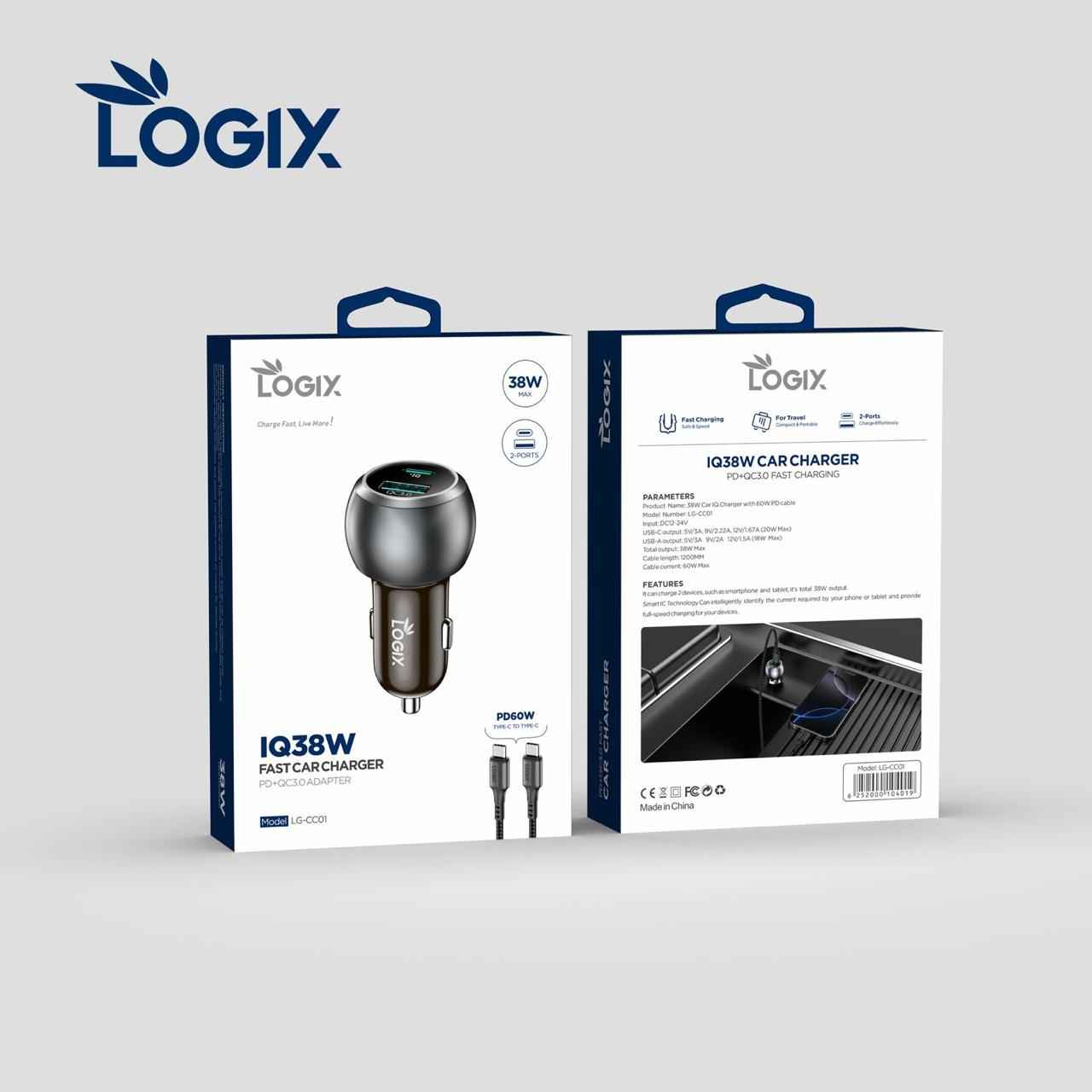 شاحن سيارة سريع مزدوج المخرج Logix IQ38W مع كابل Type-C إلى Type-C بقدرة 60W (PD + QC3.0، 38W كحد أقصى) | لون رمادي معدني