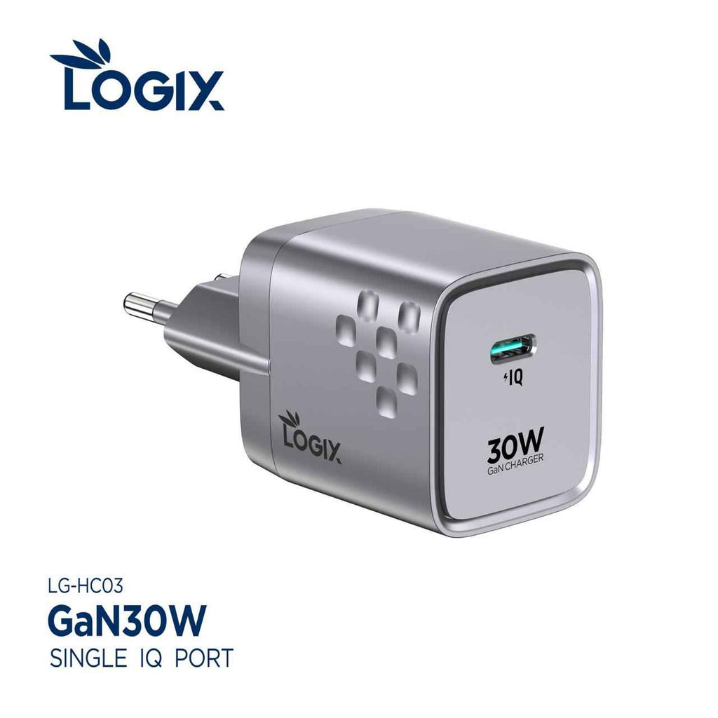 شاحن جداري سريع 30 واط Logix LG-HC03 بتقنية GaN مع منفذ IQ واحد (محول طاقة مدمج بالجيل التالي) | رمادي فضائي