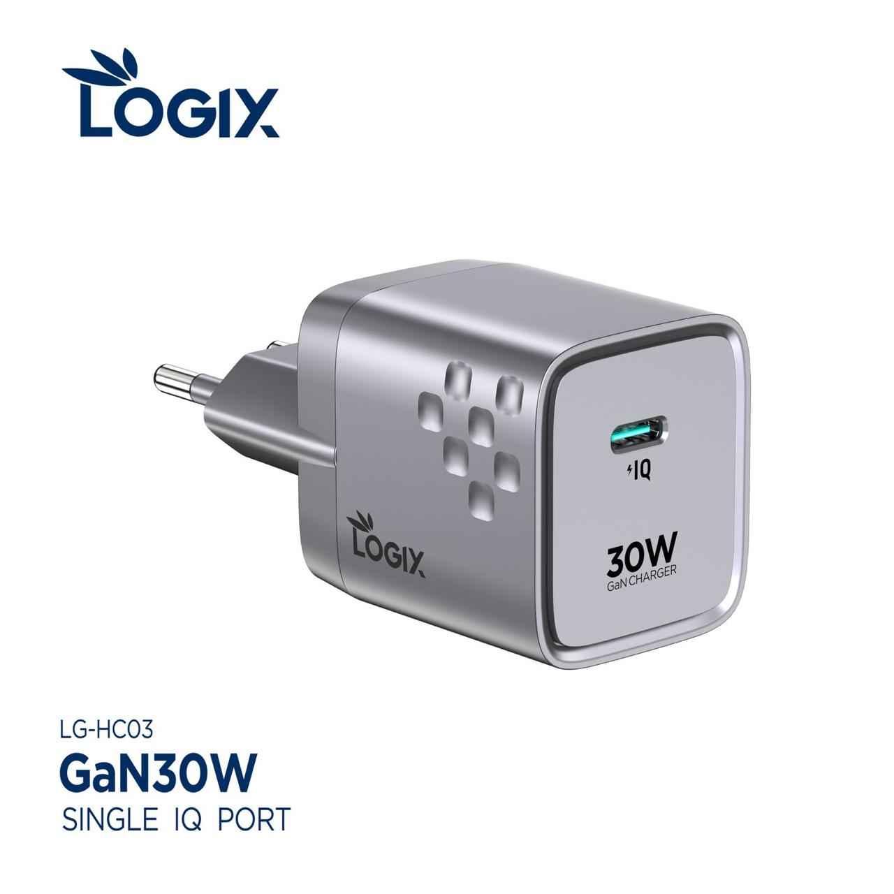 شاحن جداري سريع 30 واط Logix LG-HC03 بتقنية GaN مع منفذ IQ واحد (محول طاقة مدمج بالجيل التالي) | رمادي فضائي