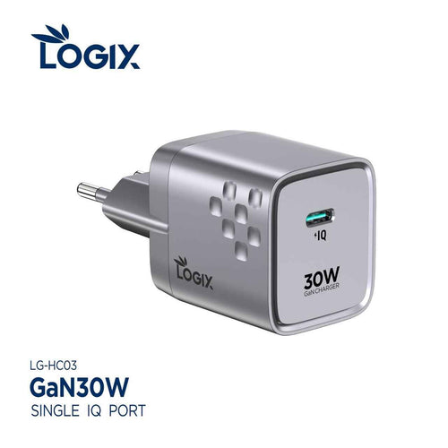 شاحن جداري سريع 30 واط Logix LG-HC03 بتقنية GaN مع منفذ IQ واحد (محول طاقة مدمج بالجيل التالي) | رمادي فضائي