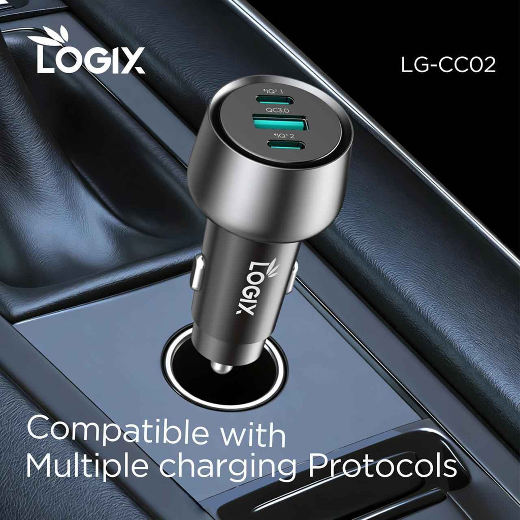 شاحن سيارة سريع ثلاثي المنافذ Logix LG-CC02 (منافذ IQ مزدوجة + QC3.0، شحن سريع متعدد البروتوكولات) | لون معدني رمادي
