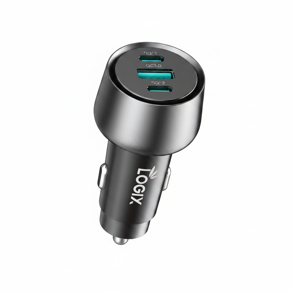 شاحن سيارة سريع ثلاثي المنافذ Logix LG-CC02 (منافذ IQ مزدوجة + QC3.0، شحن سريع متعدد البروتوكولات) | لون معدني رمادي